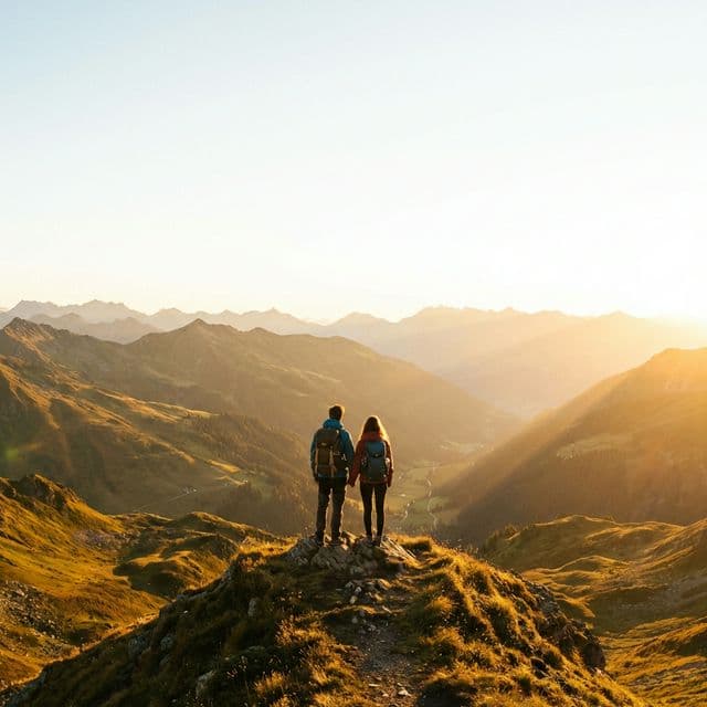 Two travelers looking out over a mountain valley